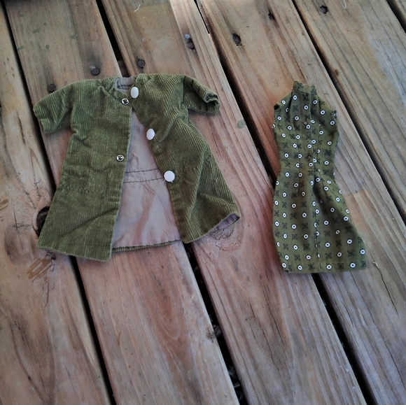 Vintage Fashion Doll Olive Green Corduroy Coat &  Dress Set OOAK Handmade - Picture 1 of 11